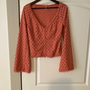 Free People Cropped Eyelet Blouse w/Bell Sleeves